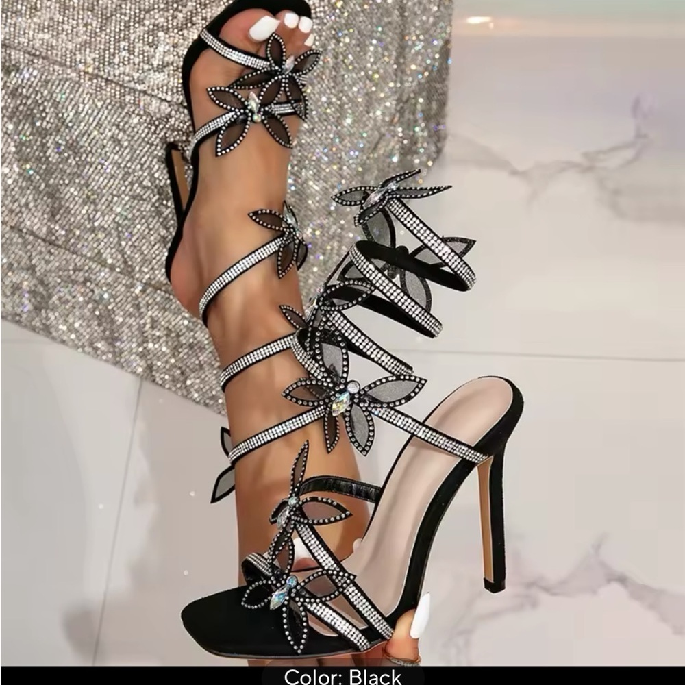 Black Stiletto Heels with Criss-Cross Straps and Bow Details